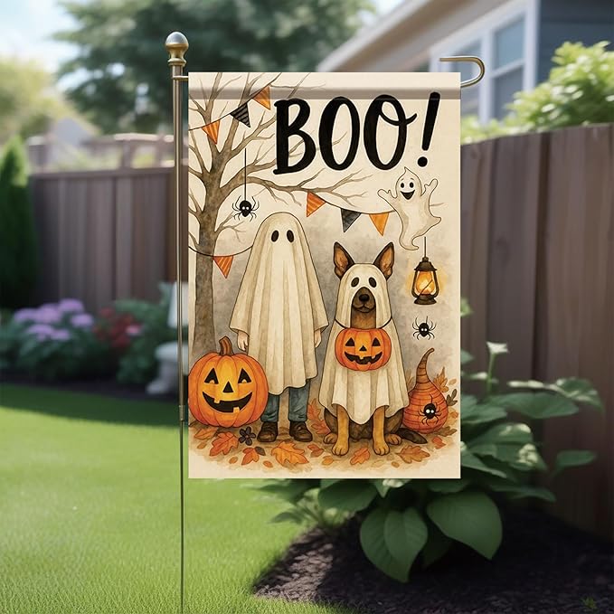 Halloween Garden Flag Ghost Costume Dog Flag 12x18 Inch Double-Sided Pumpkin Boo Yard Banner Fall Outdoor Decoration for Porch Lawn Pathway Trick or Treat Dog Lover Gift