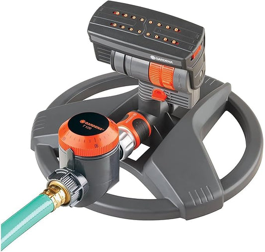 Gardena (69-84BZMX) ZoomMaxx Adjustable Sprinkler with Built in Timer Weighted Base for Precise Watering up to 2,300 Sq Ft, Compatible with Any Hose Brand, Made in Germany 5 Year Warranty