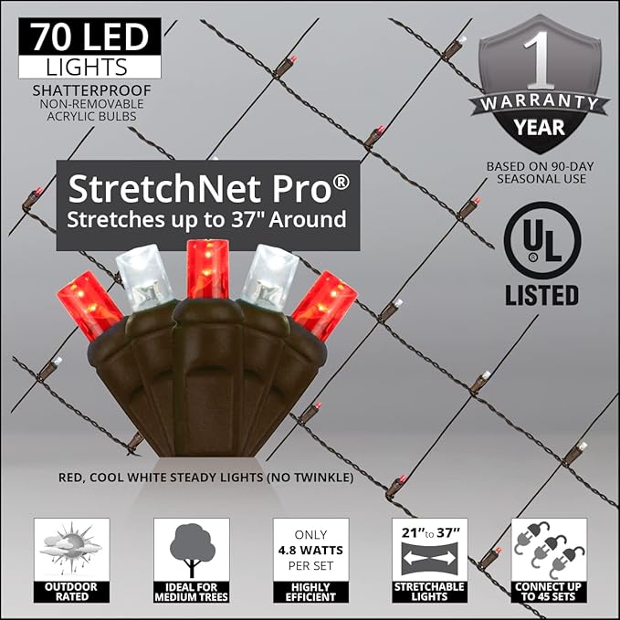 Red, Cool White StretchNet Pro 5mm LED Trunk Wrap Lights on Brown Wire