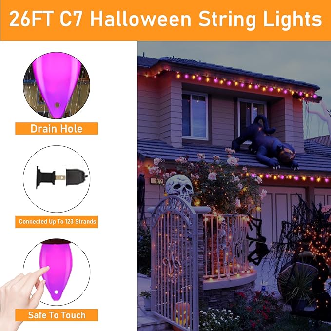 Purple and Orange Christmas Lights, 26FT 50 Count Christmas C7 LED String Lights for Indoor/Outdoor Use, Christmas Decorations for Patio Home Party Garden Yard-Black Wire