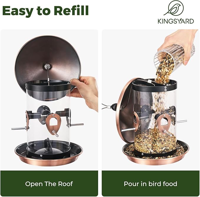 Kingsyard Metal Hopper Bird Feeder for Outdoors Hanging with 8 Ports, 3 lbs Large Capacity Tube Bird Feeder with Seed Tray, Easy to Fill and Clean, Copper