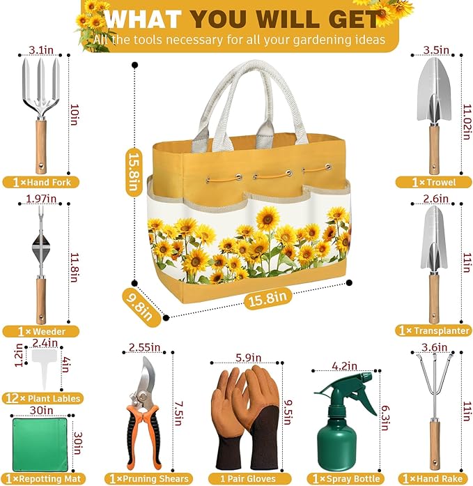 22Pcs Gardening Tools Set for Women Heavy Duty Garden Hand Tools Yard Work Tools Gardener Gifts Gardening Accessories with Tools Bag/Shovel/Mat/Plant Labels/Gloves