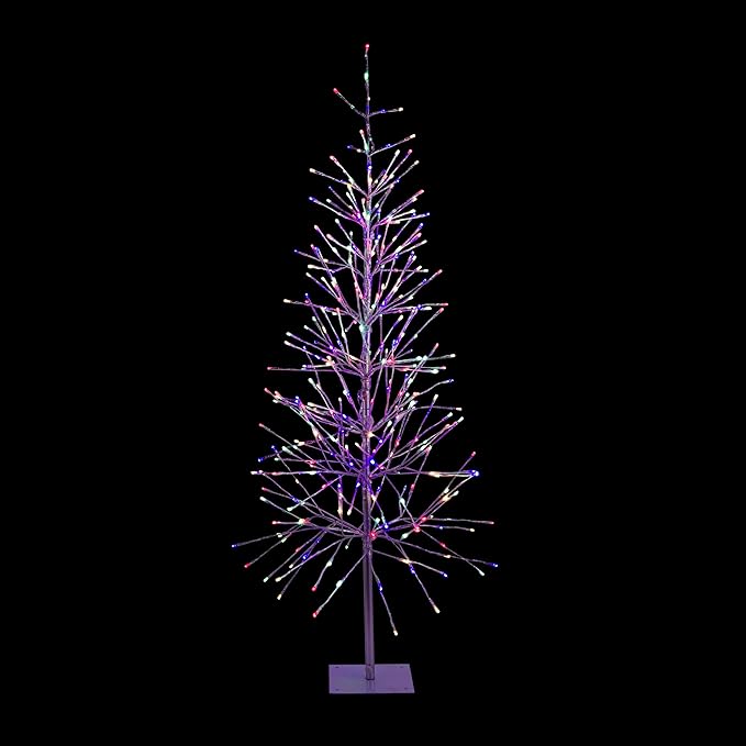Alpine Corporation 65" H Indoor/Outdoor Pre-Lit Silver Foil Christmas Tree with Yard Stake and 360 LED Lights, Christmas Decoration