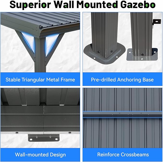 10x10FT Lean to Gazebo, Outdoor Hardtop Wall Mount Gazebo with Gutter & Sloping Galvanized Steel Roof, Metal Hard Top Awnings for Deck, Porch, Backyard