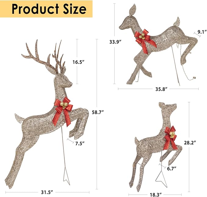 NALONE 4.7 FT Large 3 Pieces Lighted Reindeer Christmas Decoration with 210 Warm White LED Lights, Pre-lit 3D Christmas Deer Family Set Decor Outdoor Yard with Stakes, Bow Ties, Mat