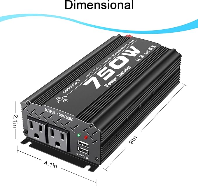 750W Modified Sine Wave Power Inverter DC 12V to AC 110V, Peak 1500 Watt, Car Plug Inverter Adapter Power Converter with 4.2A Dual USB Charging Ports and 2 AC Outlets Car Charger Black