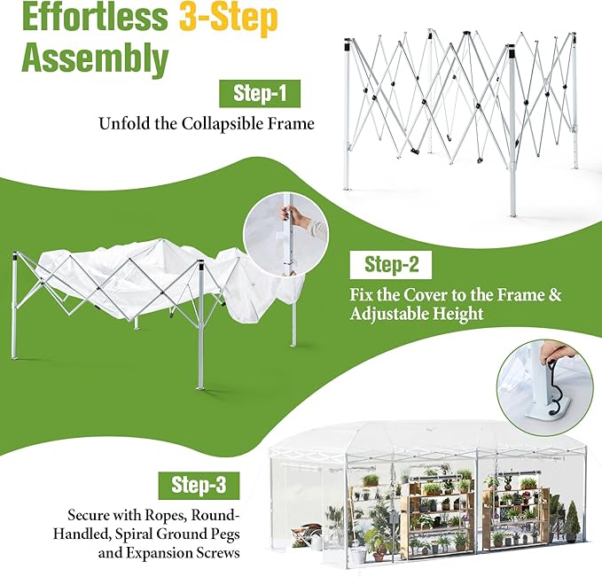 AMERLIFE 19.2×10×8.5 FT Pop-up Greenhouses for Outdoors Indoor with Adjustable Durable Frame, Portable Walk in Greenhouse with 2 Roll-up Zipper Doors, Windows and PE Cover, White