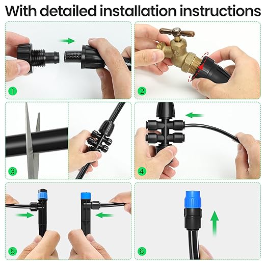 190.2FT Drip Irrigation System for Garden with 32 Nozzles & Emitters, Garden Watering System with 1/2" & 1/4" Tube and Barbed Fittings - Adjustable Sprinklers Kit for Greenhouse, Lawn, Raised Bed