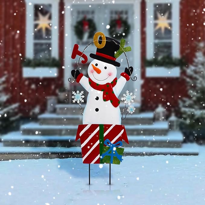 Solar Christmas Lights Outdoor Garden Stakes, 30in Metal Snowman Yard Signs with LED String Lights, Waterproof Christmas Decor for Xmas Lawn Pathway Patio Party Winter (Snowman)