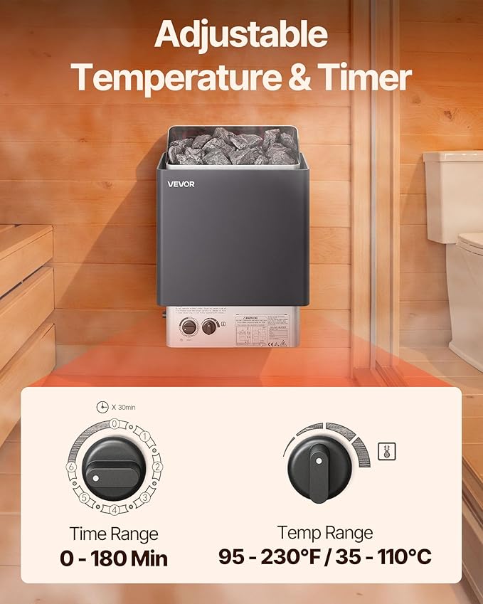 VEVOR Sauna Heater,220V Electric Sauna Stove, Steam Bath Sauna Heate 3h Timer and Adjustable Temp for Max. 176-318 Cubic Feet, Home Hotel Spa Shower Use (6KW) FCC Certification