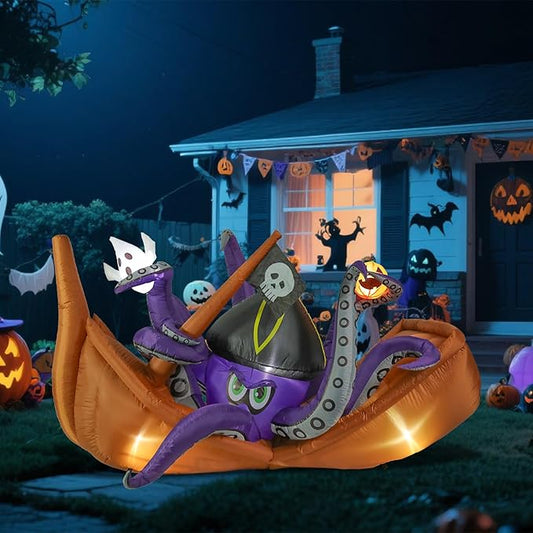 VCUTEKA 7FT Halloween Inflatable Octopus Pirate Ship Pumpkin Ghosts Outdoor Decoration, Blow Up Decor with LED Lights for Holiday Party Inflatables Indoor Home Garden Lawn Yard Decorations