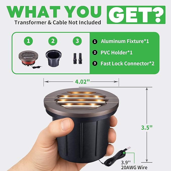 Landscape Well Lights, LED Low Voltage Ground Lights Outdoor, 12V IP67 Waterproof, Anti-Glare Wired Aluminum ORB for Outdoor Pathway & Driveway, 6W 3000K Warm White (1-Pack, Integrated LED)