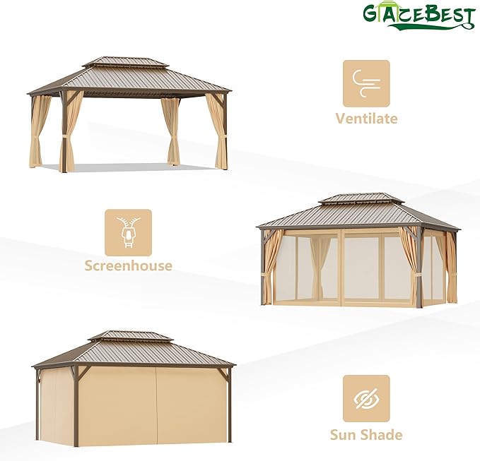 12'x16' Hardtop Gazebo Outdoor Aluminum Gazebo Double Roof Galvanized Steel Canopy with Netting and Curtains,for Garden, Backyard,Deck and Lawns