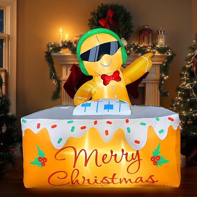 OurWarm 6FT Christmas Inflatable Outdoor Decoration, DJ Gingerbread Inflatable Christmas Decorations with LED Lights, Xmas Blow Ups for Outdoor Indoor Lawn Garden Yard