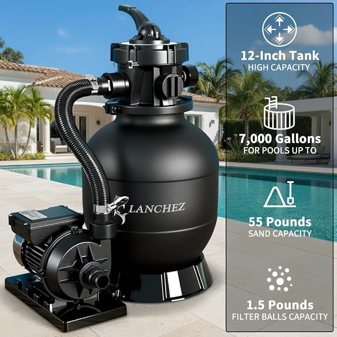LANCHEZ 12'' Sand Filter Pump for Above Ground Pool, 1/3 HP, Max 2400 GPH for Pools Up to 7000 GAL, 6-Way Valve Pool Sand Filter System, Enhanced Circulation for Crystal-Clear Pool
