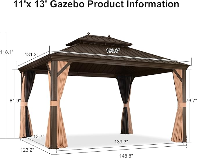 PURPLE LEAF 11' X 13' Outdoor Hardtop Gazebo Patio Wide Aluminum Frame Metal Double Roof with Heavy Duty Netting and Curtains for Permanent Hard Top Pavilion Screen, Khaki