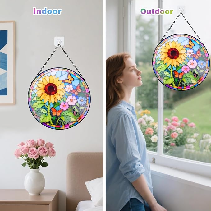 Sunflower Stained Glass Window Hanging Suncatcher – Round Floral Glass Panel for Window, Garden, Wall Decor – Sunflower Gift Suitable for Birthdays and Mother's Day (12 Inch)