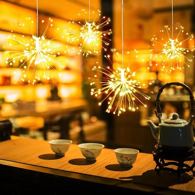 8 Pcs Total 800 LED Firework Copper Wire Lights, 8 Modes Fairy Twinkle Lights Plug in String Lights 1M/3.3FT Spacing Starburst Lights with Sagging Wire and Remote Control(Warm White)