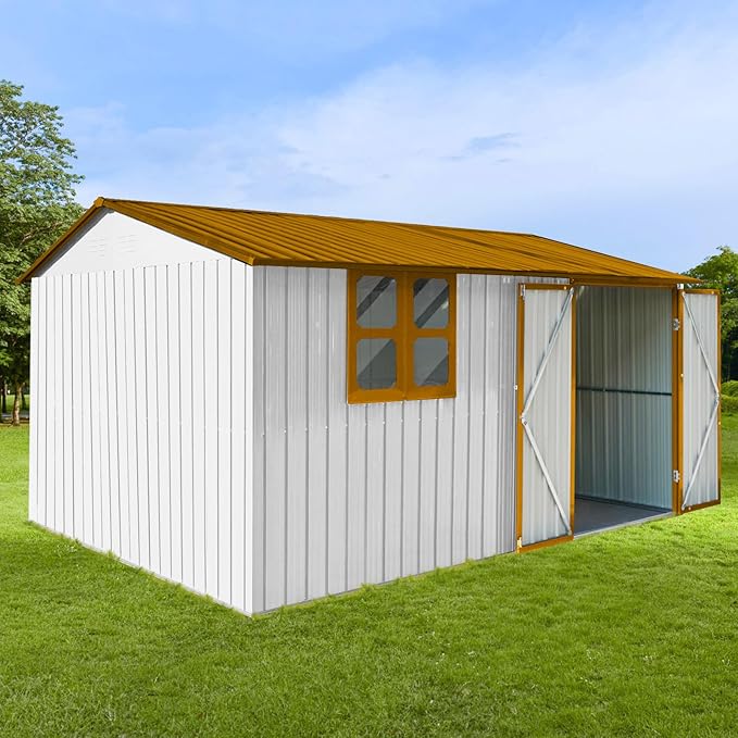 10x12 FT Outdoor Storage Shed,Metal Aluminum Waterproof Tool Sheds with Window,Heavy-Duty Sheds Unit w/Door and Vents,for Storing Bicycles,Lawnmowers,Barbeques,White+Yellow