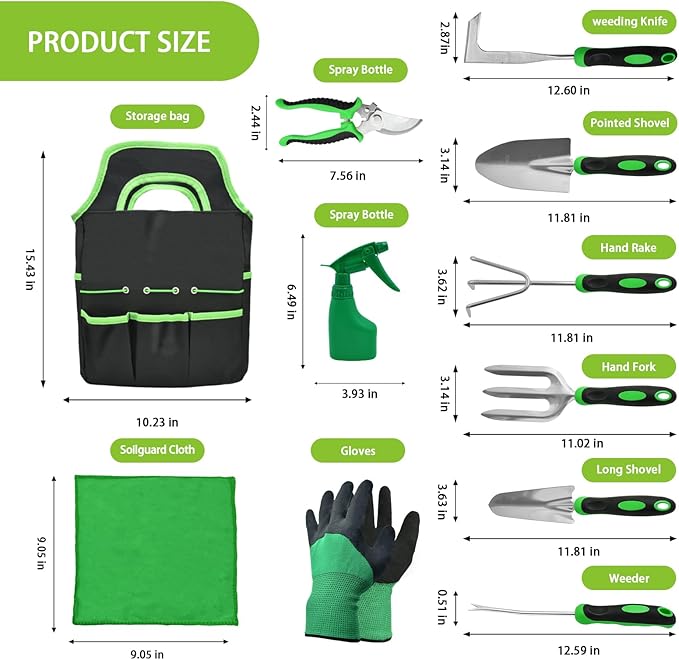 11Pcs Heavy Duty Gardening Tool Set, Shovel Stainless Steel with Non-Slip Rubber Grip, Canvas Storage Bag for Women Gardeners Pruning Shears Plant Care Weeding Tools