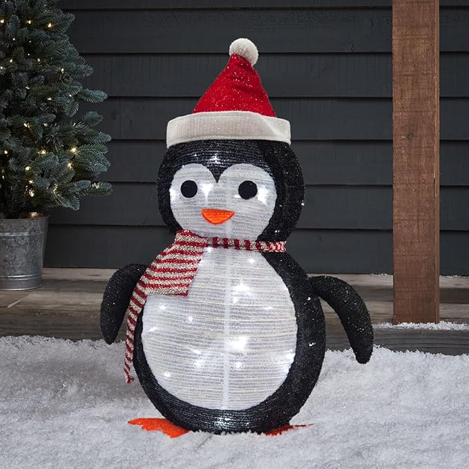 Lighted Christmas Penguin Decoration – Foldable & Collapsible Metal Frame, Battery Powered Waterproof Yard Ornament for Indoor & Outdoor Holiday Décor