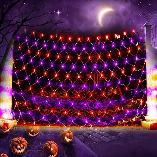 LED Net Light Halloween Decor Mesh Lights, 240LED Timer Tree Warp Fairy Lights Outdoor Hanging String Light for Home, Bedroom, Christmas, Garden, Walkway, Bushes Decor-9.8ft x 6.6ft(Purple&Orange)