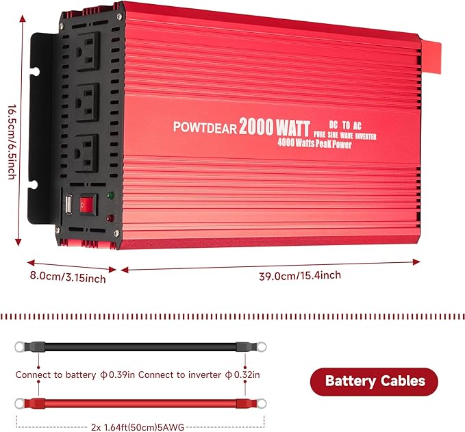 Pure Sine Vane Power Inverter 2000 Watt, DC 12V to 110V AC Converter with 3 Charger Outlets and with 2 Built-in 5V/2.1A USB Port Red