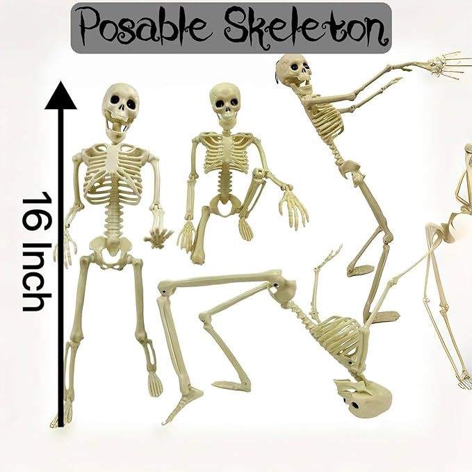 GIFTEXPRESS 8‑Piece Halloween Yard Decorations – 4 Posable 16 inch Skeletons + 4 Pink Flamingo Lawn Ornaments with Rust‑Resistant Stakes & Pink Zip Tie, Outdoor Garden Statues, Spooky Graveyard Decor