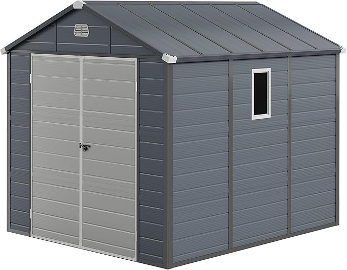 DWVO 8x9FT Outdoor Storage Shed w/o Floor, All-Weather Plastic Shed with Lockable Doors, Window & Vents, Plastic Tool Shed for Backyard, Patio, Poolside, Lawn, Gray