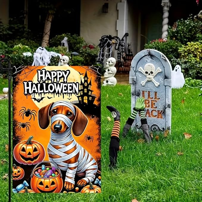 Halloween Trick or Treat Garden Flag,Halloween Garden Flag with Mummy Dachshund and Pumpkins,halloween garden flags for outside, 12x18 Inch Festive Yard Decoration