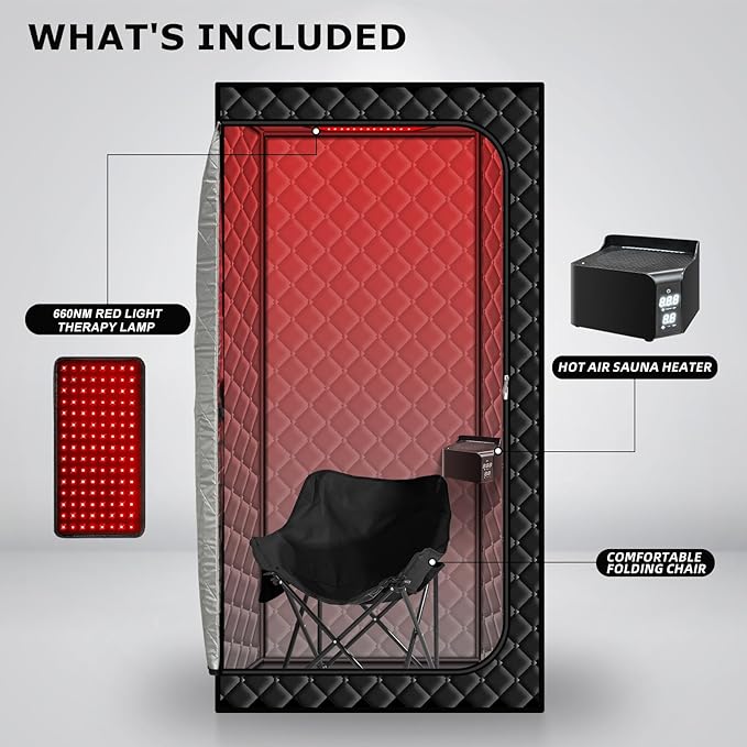 Gollense Red Light Sauna with Hot Air Heater, Portable Sauna for Home with 660nm Red Light Therapy Lamp Full Body Sauna Sweat Box, Thicken Tent, Folding Chair, Adjustable Temperature, Timer Setting