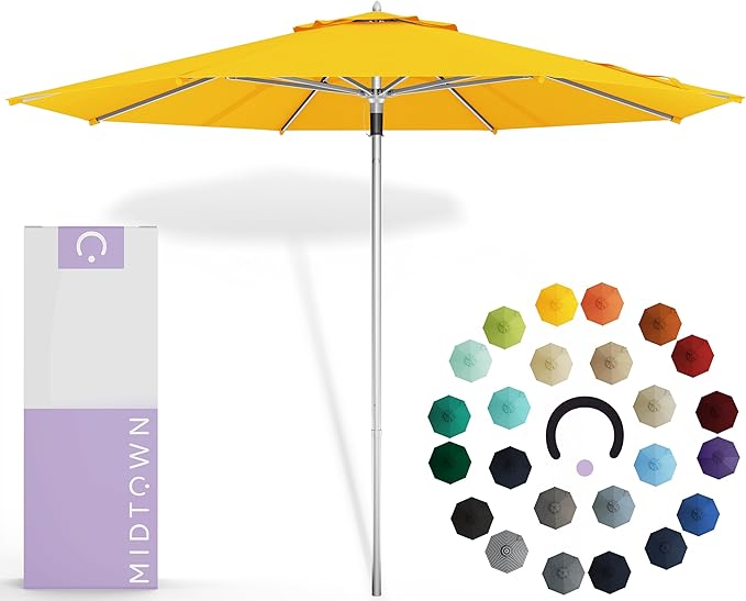 Midtown Umbrellas Push Pop Sunbrella Umbrella 9 Feet Outdoor Umbrella in Sunbrella Yellow Acrylic - Patio, Backyard, Garden, Picnic Table & Pool - Black Pole