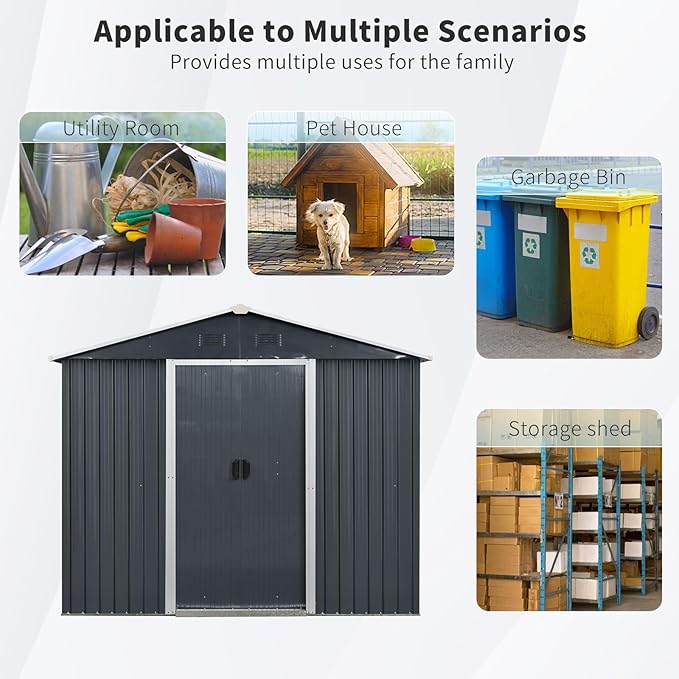 8x4 FT Outdoor Storage Shed,Metal Shed with Floor,Garden Shed W/Air Vent & Lockable Sliding Door,All Weather Waterproof Tool House W/Sloped Roof,for Backyard,Patio,Lawn,Black and White