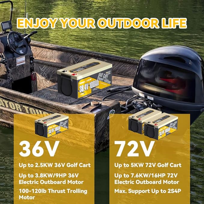 Power Queen LiFePO4 Battery 36V 100Ah, Bluetooth Lithium Battery 15000+ Cycles, Group 8D,Low Temp Protection for 36V-72V Electric Outboard Motors, Marine, Golf Cart E-Z-GO TXT, Off-Grid, Home Energy