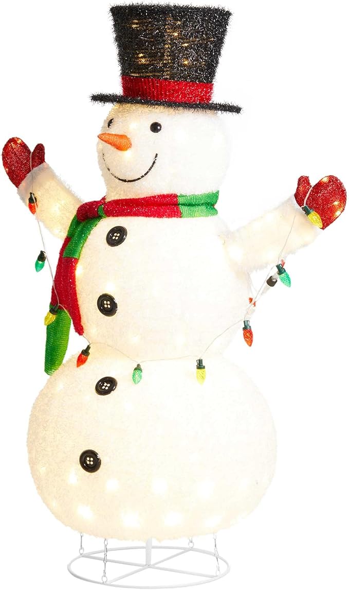 Glitzhome 47.25" H Lighted Christmas Snowman, 3D Foldable Fabric Outdoor Decor with Colorful Bulbs Holiday Lawn Ornament Yard Decoration Outdoor and Indoor use Long-Lasting, 160 Warm White LED