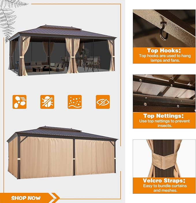 EROMMY 14'x20' Hardtop Gazebo Double Roof Galvanized Steel Canopy Outdoor Aluminum Frame Permanent Metal Pavilion with Netting and Curtains for Patio Backyard Deck and Lawns