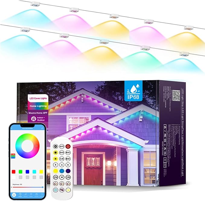 Permanent Outdoor RGB String Lights, 100ft Smart Eaves Lights with App/Remote Control, IP67 Waterproof for Holidays, Christmas and Daily Lighting