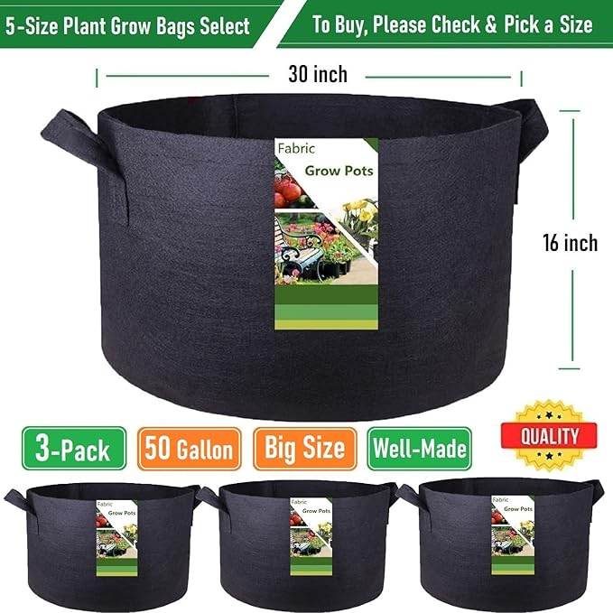 3-Pack 50 Gallon Thickened Plant Grow Bags Large (30x16 in) Heavy Duty Garden Bag Fabric Plant Pots for Potato,Tomato Planter,Herbs Veggies Planting,Flower Pots,Barrel Planter,Yard Waste Bag,Leaf Bags