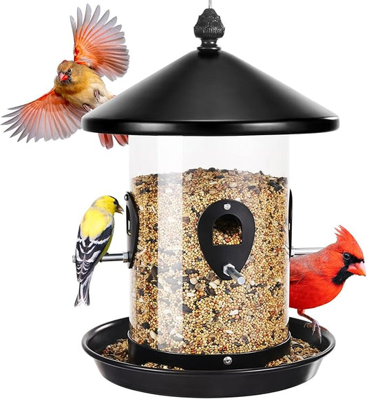 Kingsyard Metal Hopper Bird Feeder for Outdoors Hanging with 8 Ports, 3 lbs Large Capacity Tube Bird Feeder with Seed Tray, Easy to Fill and Clean, Black