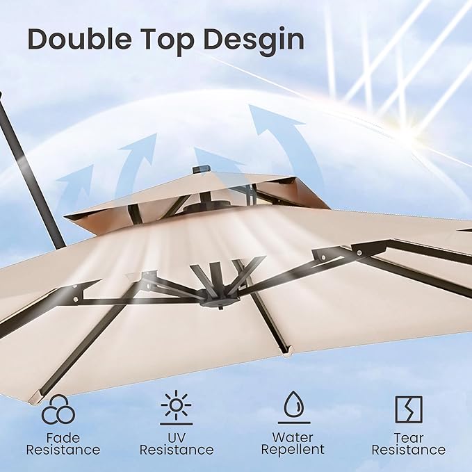 9x12 FT Cantilever Patio Umbrella with Base Included Double Top Outdoor Rectangular Large Heavy Duty Aluminum Offset Umbrellas with 7 Level Tilt 360-degree Rotation for Pool Garden Deck, Beige