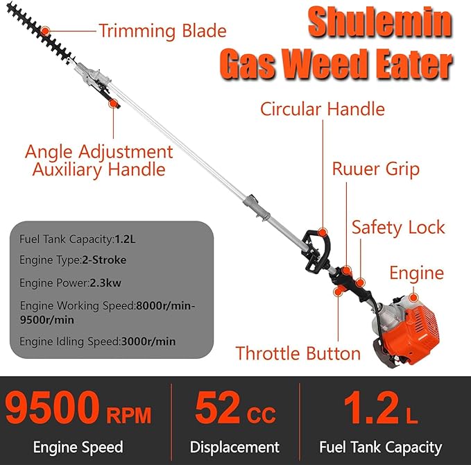 Gas Weed Eater, 52cc 2 Stroke Weed Wacker 6 in 1 Lawn Mover Include String Trimmer Brush Cutter Pole Saw Hedge Trimmer for Yard Garden Care 9500rpm 3000r/min Engine Speed 120cc Oil Tank Orange