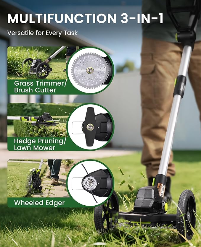 Electric Weed Wacker Cordless with Wheel, Brushless Grass Trimmer with 2 21V 4.0Ah Battery and Fast Charger, 3 Types of Blades String Trimmer, Weed Eater Battery Powered, Grass Cutter Machine