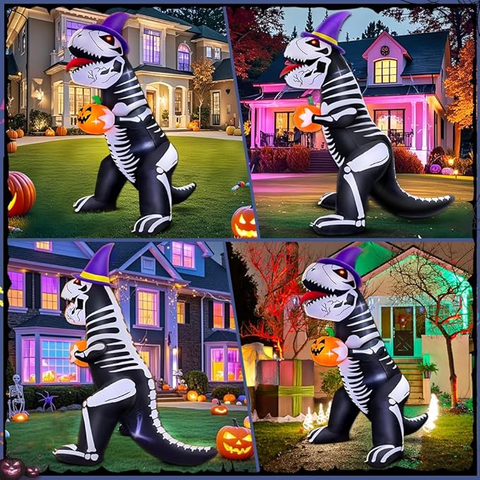 8FT Halloween Inflatables Outdoor Decorations, Halloween Blow Ups Inflatable Skeleton Dinosaur with Pumpkin for Outside Garden Decor, Halloween Decorations Outdoor