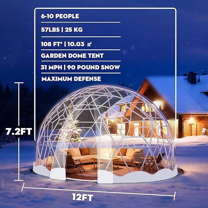 Garden Dome Tent, 12 x 7.2 ft Outdoor Clear Bubble Tent for 2-4 Person, All-Weather Geodesic Dome Greenhouse with Window & Door, PVC Transparent Tent for Patio, Camping, Party (12FT - White)