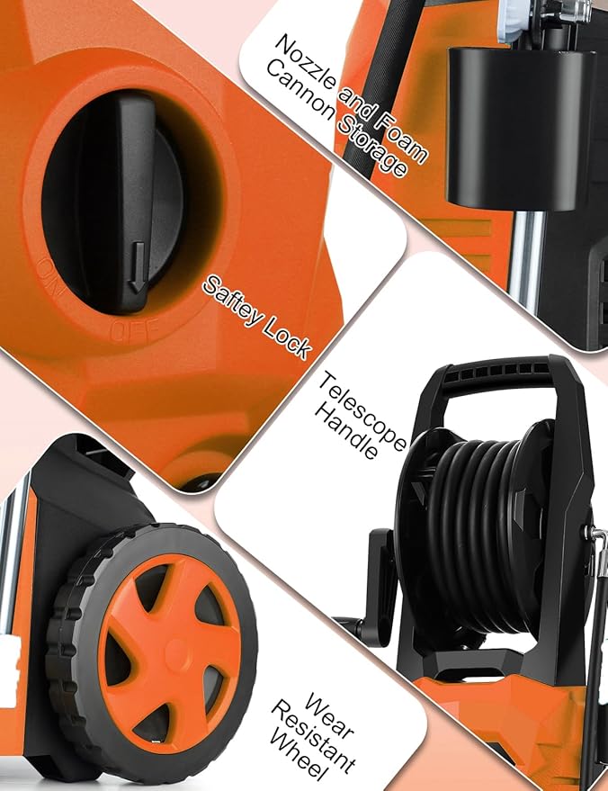 5000PSI Pressure Cleaner - 2025 New Power Cleaner with Upgraded 33ft Pressure Cleaner Hose Reel, Foam Cannon, 4 Nozzle Set, Power Cleaner for House/Patios/Car/Fence, Orange