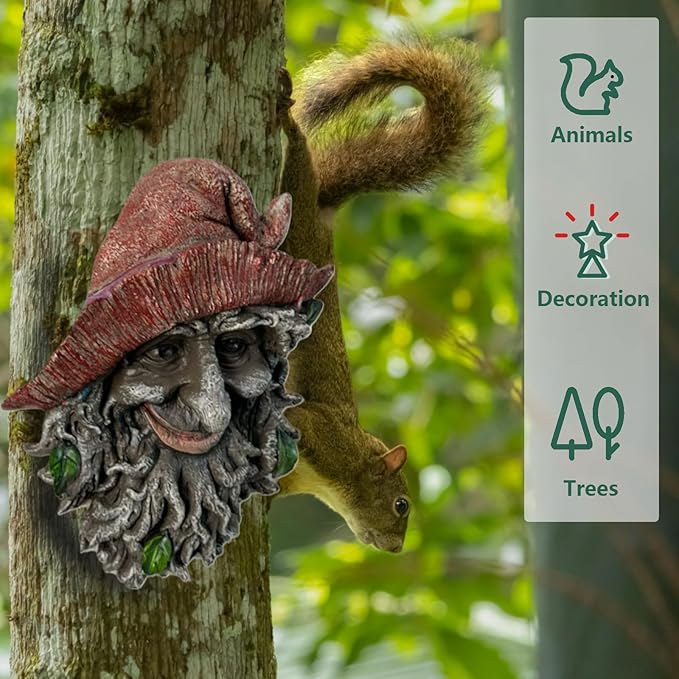 Tree Face Sculpture, Funny Red Cap Old Man Tree Hugger Statue, Indoor & Outdoor Creative Props for Garden and Home,9" x 7" x 2.4"