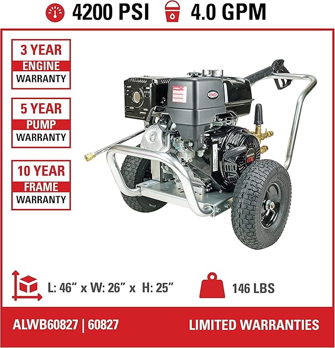 Simpson Cleaning 4200 PSI Gas Pressure Washer, 4.0 GPM Power Washer for Commercial Use, Honda Engine, 50-Foot Steel-Braided Hose, Aluminum Water Blaster, 49-State (ALWB60827)