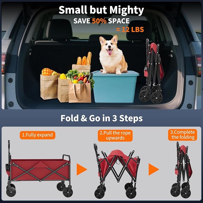 Collapsible Wagon Cart 380Lbs Capacity, Foldable Utility Portable Beach Wagon with All-Terrain Wheels, Adjustable Handle & Drink Holders, Carts with Wheels for Grocery, Camping, Shopping, Garden Cart