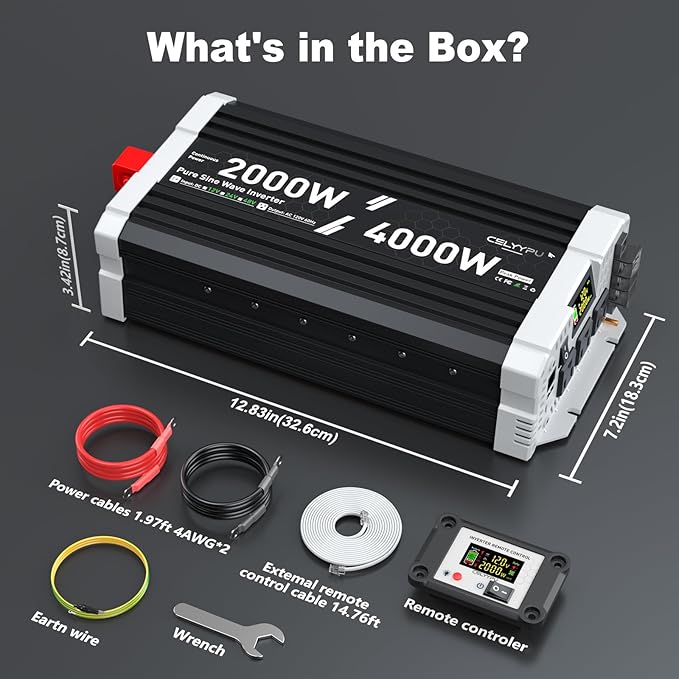 2000 watt Pure sine Wave Inverter, 12V DC to 110V AC Power Inverter, Used for Solar Emergency Power Supply in RV Homes, with 3 AC Output sockets, USB Port, Type-C Port, Remote Control with LCD Screen