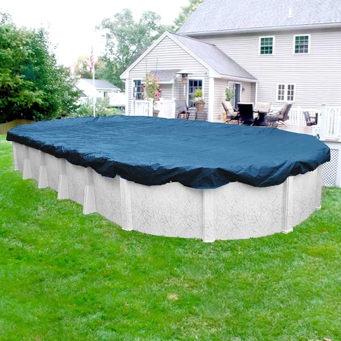 Pool Mate 12 x 21 ft Classic Blue Winter Oval Pool Cover for Above Ground Pools, 4 ft Overlap (16 x 25 ft Cover Size), Solid 8 x 8 Scrim, 2.36 oz/yd2, 10-Year Warranty, Style: 351221-4PM